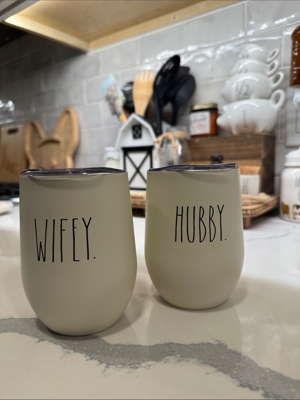 Rae Dunn Wifey & Hubby Cream Stainless Steel Stemless Wine Tumblers - Set of 2
